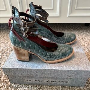 Freebird Randi Croc-Embossed Teal Ankle Boots